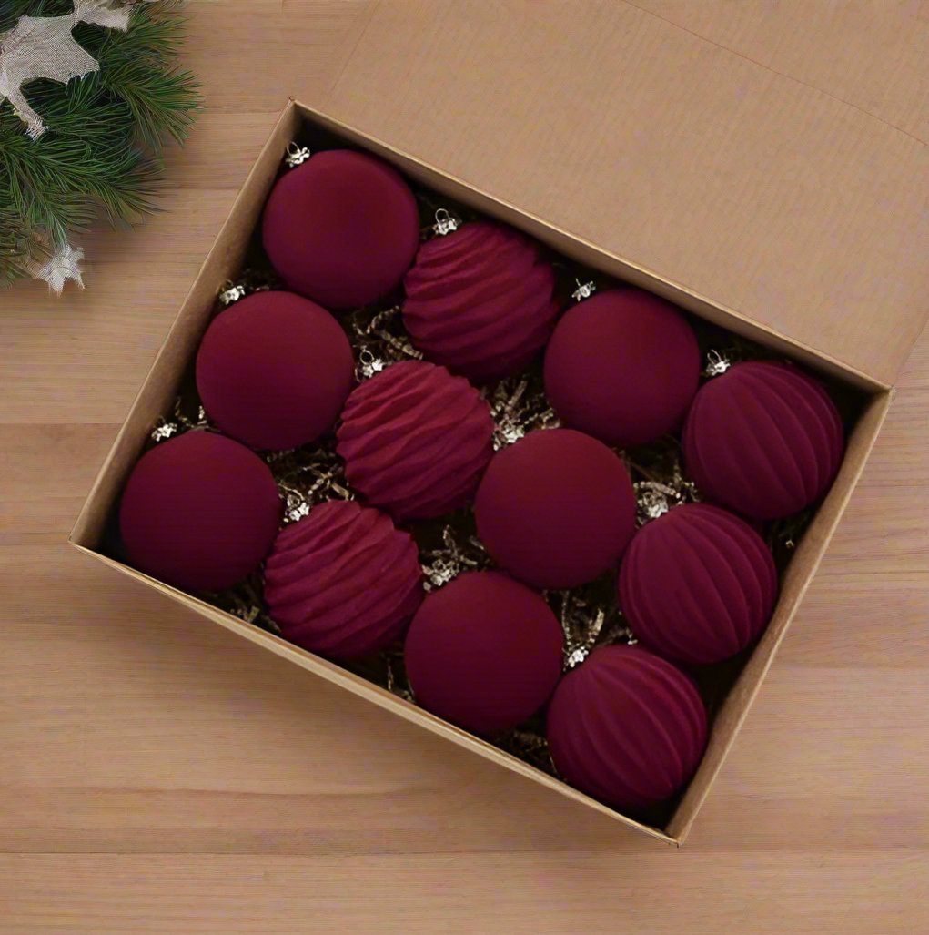 12Pcs 8cm Velvet Christmas Tree Ornaments - Durable Plush Hanging Decorations for Holiday Cheer, Gift Box Included