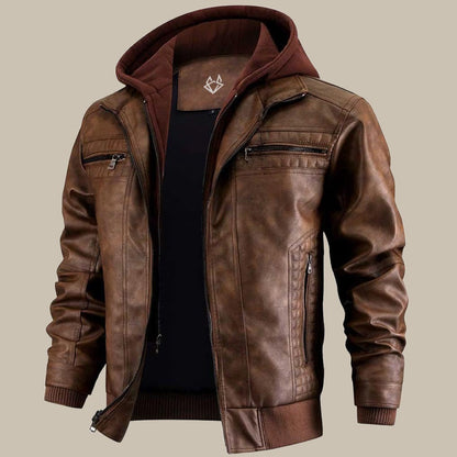 Warm Mens Leather Hooded Jacket - Bomber, Cold Weather