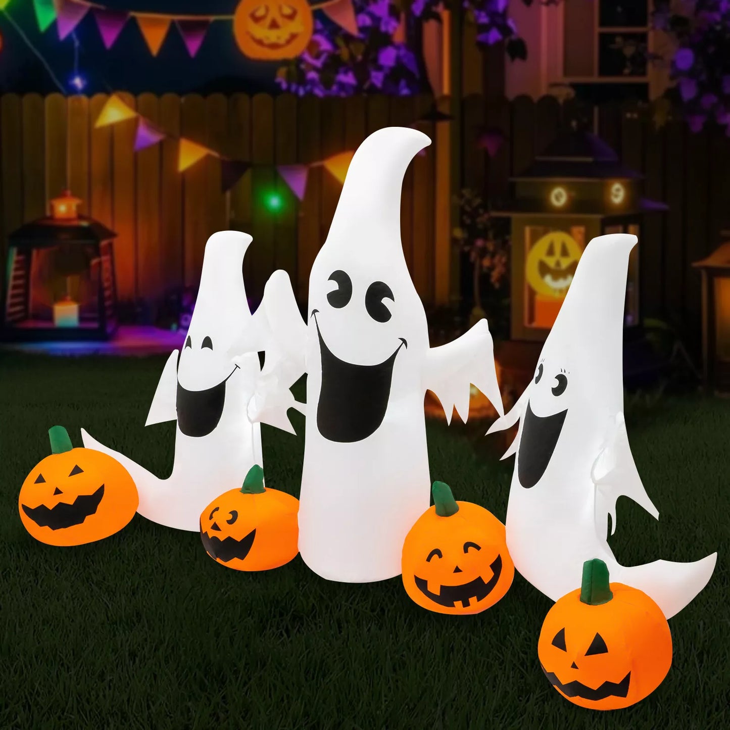 4.6ft Halloween Inflatable Pumpkin and Ghosts with LED Lights – Fun Outdoor Yard Decoration