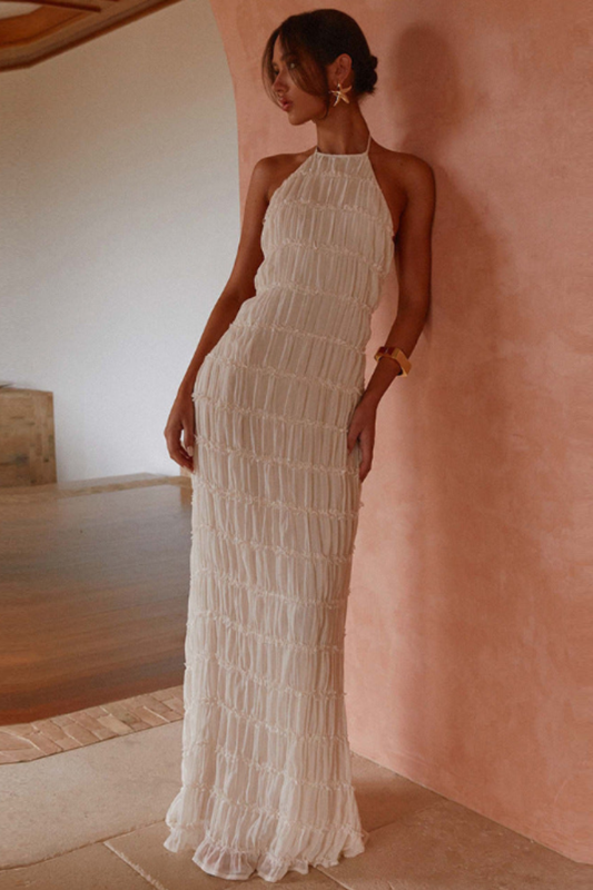 Ethereal Halter Maxi Dress in Soft Nude with Pleated Layers - Elegant Long Dress for Women, Full-Length Design-1