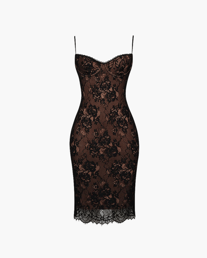 Elegant Black Midi Dress with Lace Overlay, Adjustable Straps, Bodycon Cocktail Dress for Wedding Guests and Formal Events-5