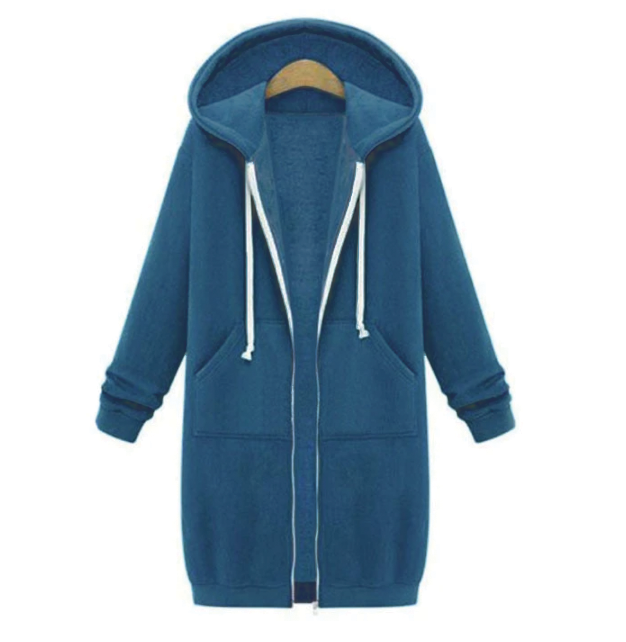 Warm Relaxed Women Longline Zip Hoodie - Cotton Blend
