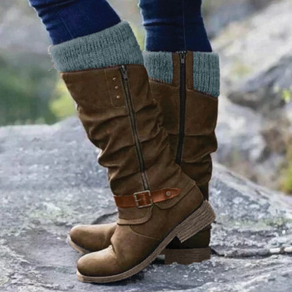 Warm Cozy Women Knee-High Boots - Buckle Knit Cuff, Suede