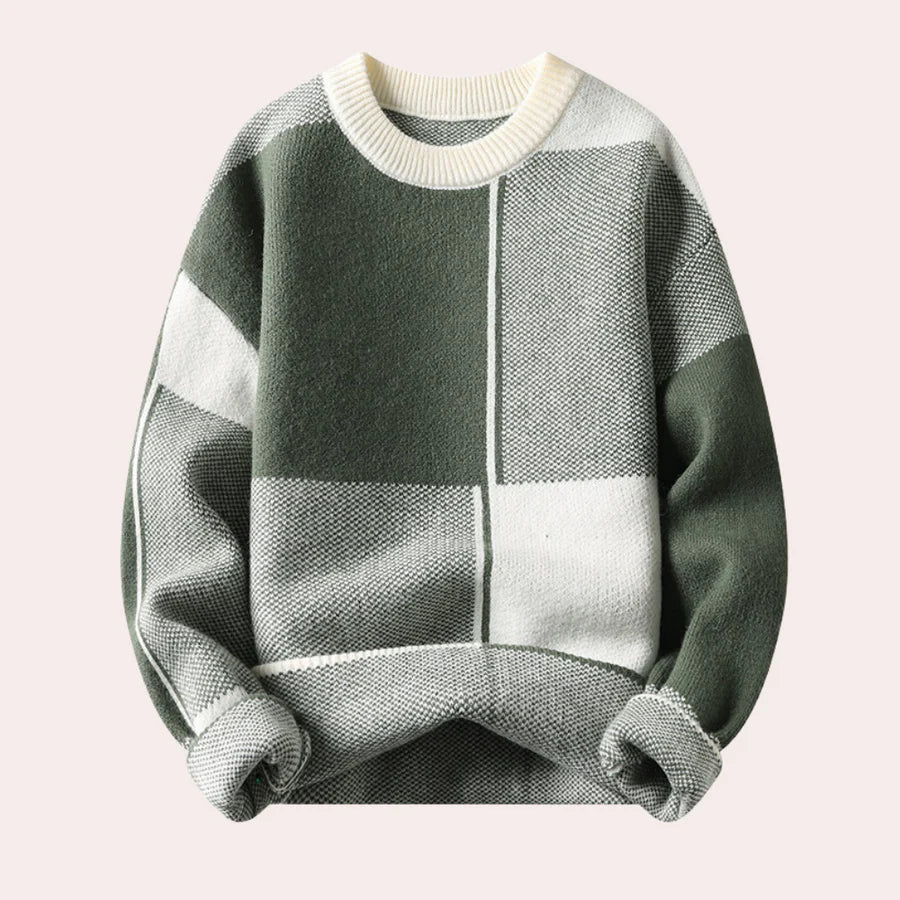 Warm Men’s Sweater - Oversized Check Crewneck, Cotton