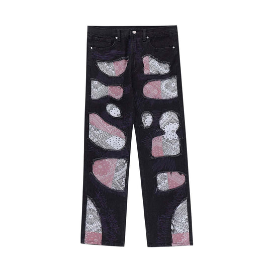 Unique Bandana Patchwork Jeans for Men and Women, Various Fits in Classic Blue Denim and Bold Black Wash-1