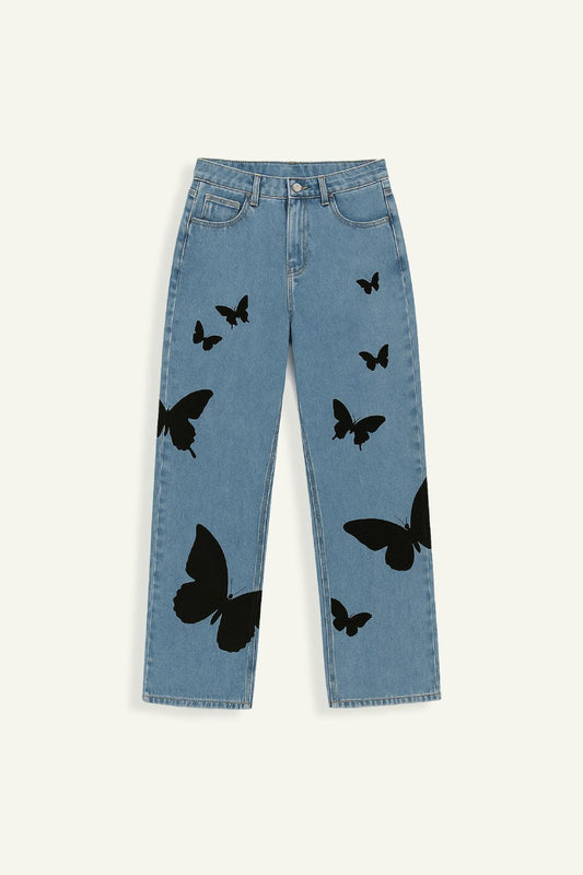 Butterfly Embroidered Wide Leg Jeans, Mid-Rise Stretch Denim, Comfortable Casual Fit with Eye-Catching Designs-1