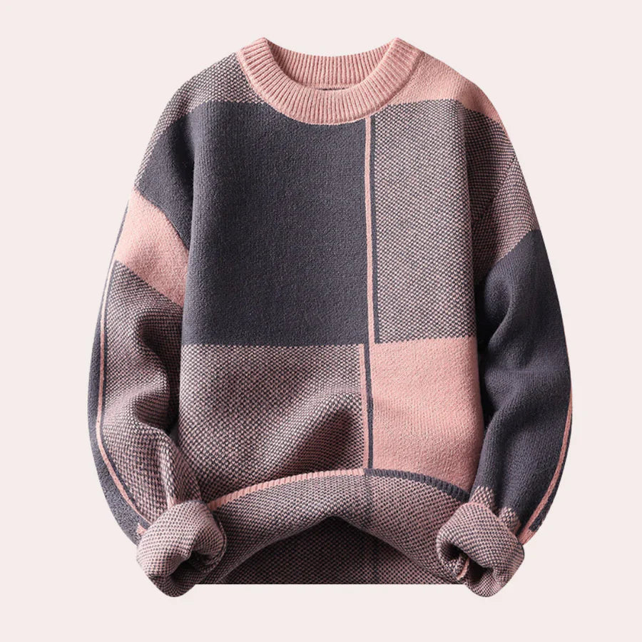 Warm Men’s Sweater - Oversized Check Crewneck, Cotton