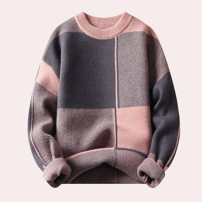 Warm Men’s Sweater - Oversized Check Crewneck, Cotton