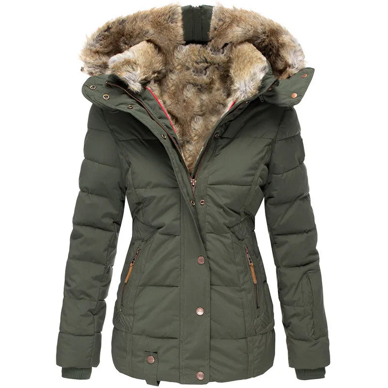 Warm Women’s Winter Coat - Quilted Midlength, Faux Fur Hood