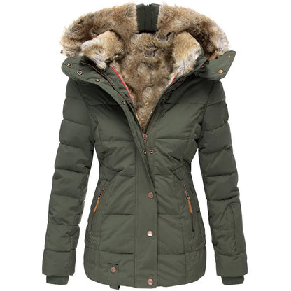 Warm Women’s Winter Coat - Quilted Midlength, Faux Fur Hood