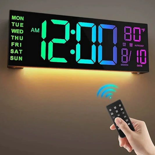 Large Digital Wall Clock with Remote Control, RGB Mood Lighting, Dual Alarm and Countdown Timer for Home or Office 0