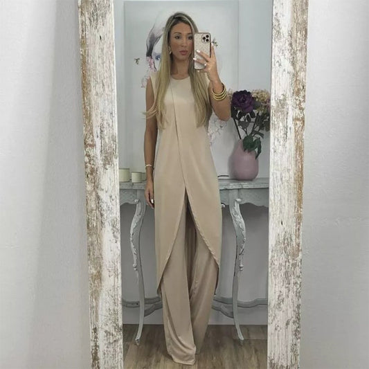 Leichtes & fließendes Damen Zweiteiler Set – ärmelloses Oberteil, weite Hose, aus Polyester, für den Sommer 0