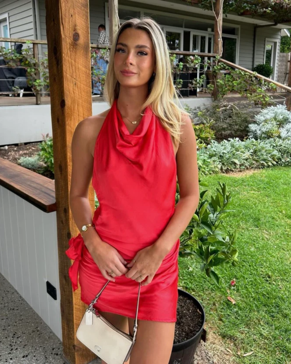 Hot Pink Women's Cocktail Dress with Deep Cowl Neckline and Low Back, Fitted Mini Dress with Silk Rose Embellishment-4