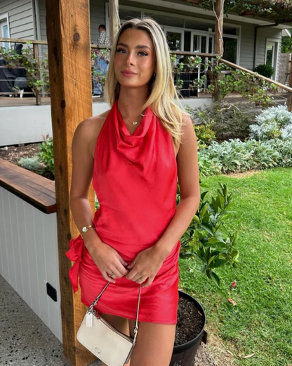 Hot Pink Women's Cocktail Dress with Deep Cowl Neckline and Low Back, Fitted Mini Dress with Silk Rose Embellishment-4