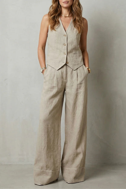 Traje chaleco ligero para mujer – top sin mangas con escote en V, chaleco con botones y pantalones rectos sueltos, lino, ropa casual