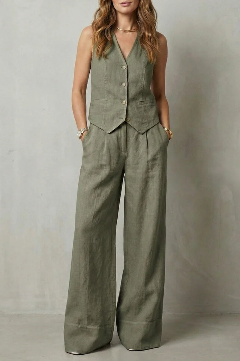 Traje chaleco ligero para mujer – top sin mangas con escote en V, chaleco con botones y pantalones rectos sueltos, lino, ropa casual