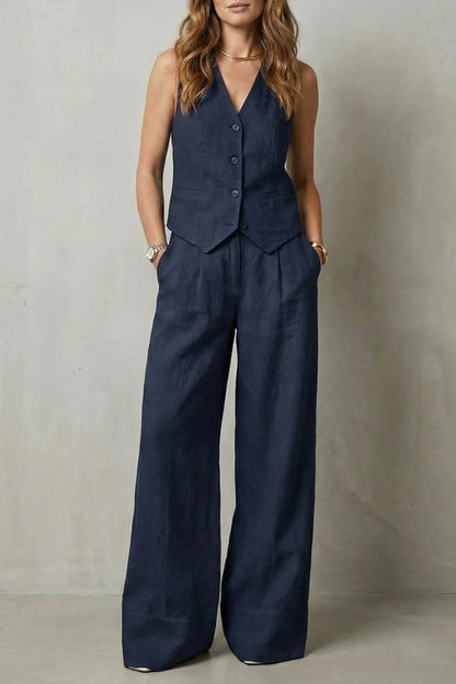 Traje chaleco ligero para mujer – top sin mangas con escote en V, chaleco con botones y pantalones rectos sueltos, lino, ropa casual