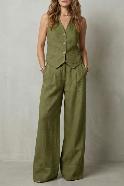 Traje chaleco ligero para mujer – top sin mangas con escote en V, chaleco con botones y pantalones rectos sueltos, lino, ropa casual