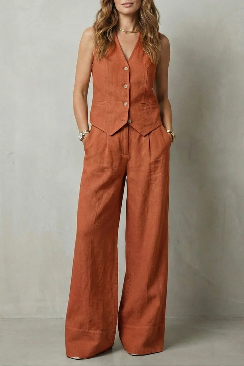 Traje chaleco ligero para mujer – top sin mangas con escote en V, chaleco con botones y pantalones rectos sueltos, lino, ropa casual