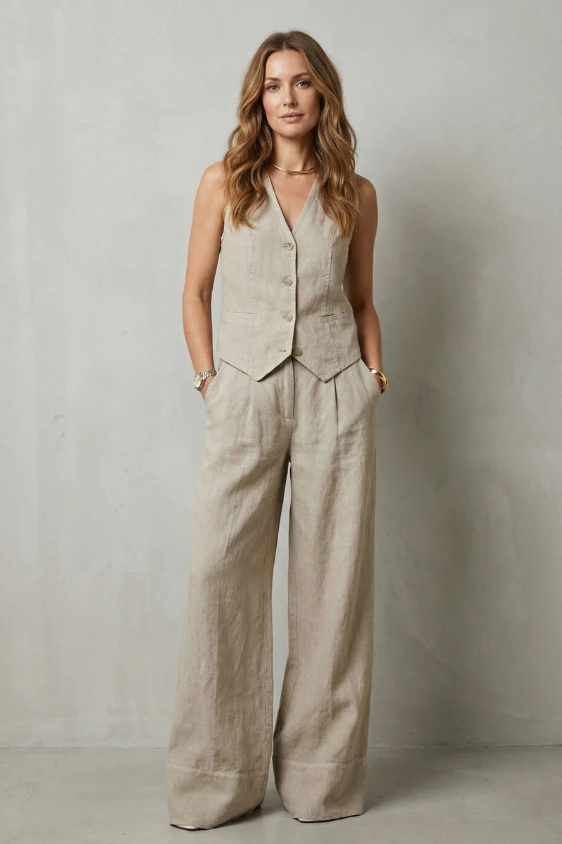 Traje chaleco ligero para mujer – top sin mangas con escote en V, chaleco con botones y pantalones rectos sueltos, lino, ropa casual