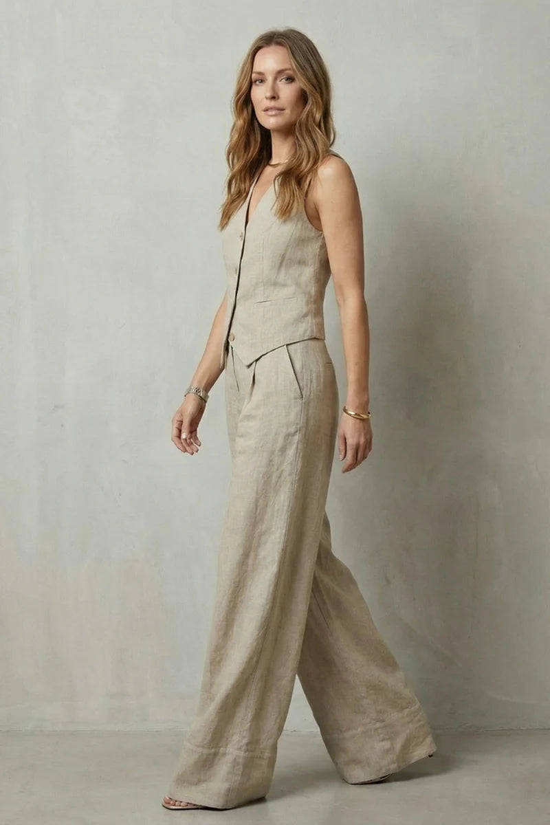 Traje chaleco ligero para mujer – top sin mangas con escote en V, chaleco con botones y pantalones rectos sueltos, lino, ropa casual