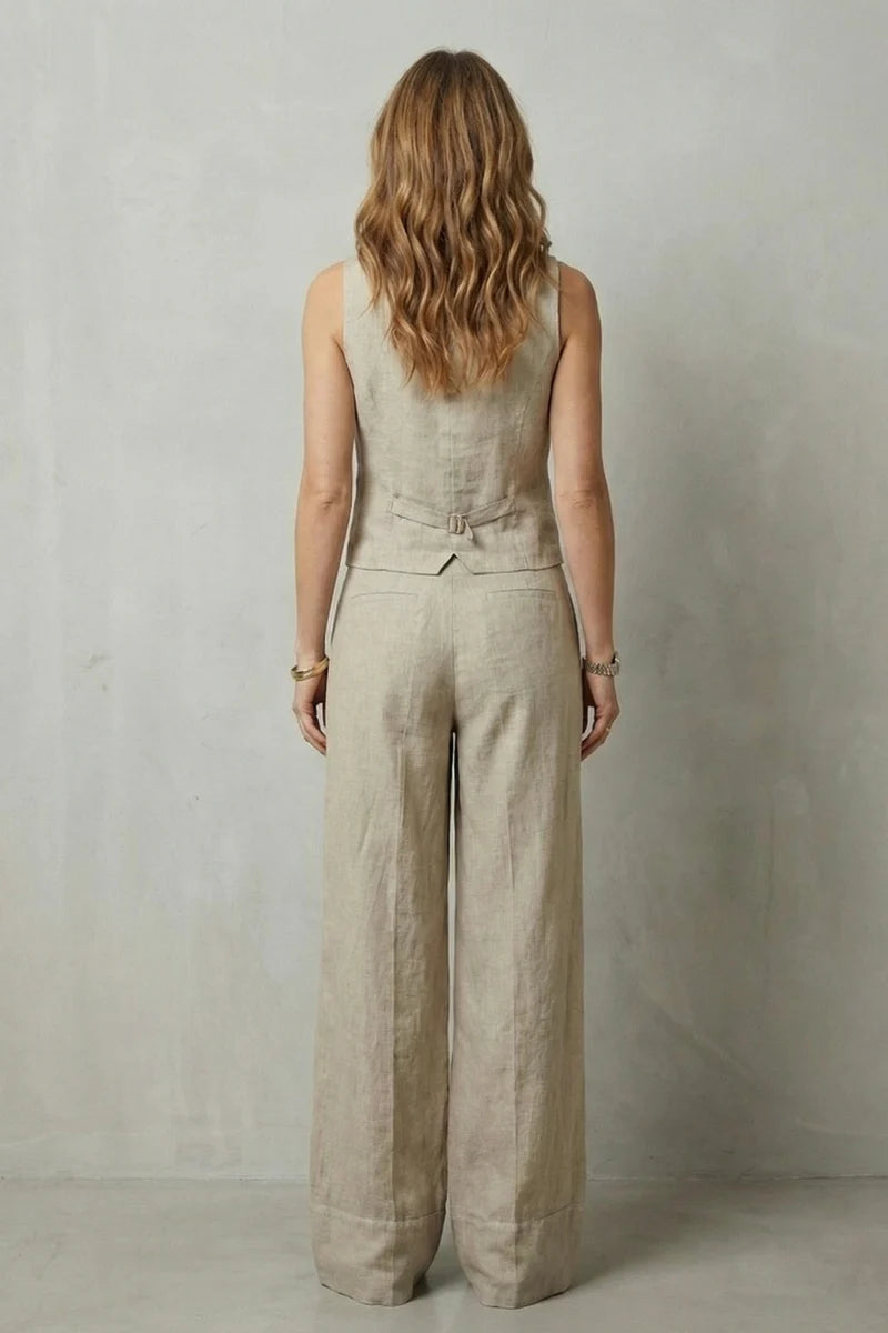 Traje chaleco ligero para mujer – top sin mangas con escote en V, chaleco con botones y pantalones rectos sueltos, lino, ropa casual
