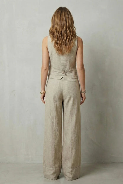 Traje chaleco ligero para mujer – top sin mangas con escote en V, chaleco con botones y pantalones rectos sueltos, lino, ropa casual