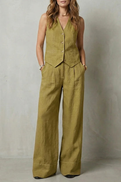 Traje chaleco ligero para mujer – top sin mangas con escote en V, chaleco con botones y pantalones rectos sueltos, lino, ropa casual