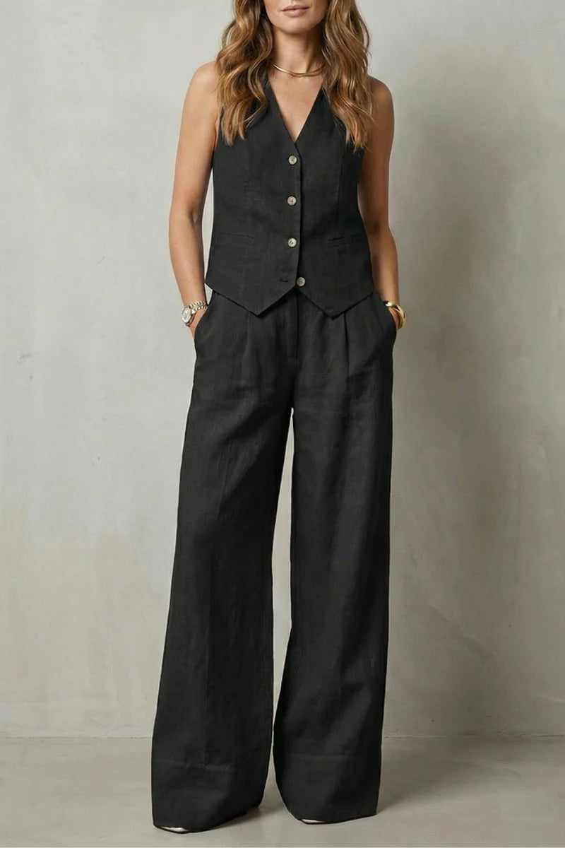 Traje chaleco ligero para mujer – top sin mangas con escote en V, chaleco con botones y pantalones rectos sueltos, lino, ropa casual