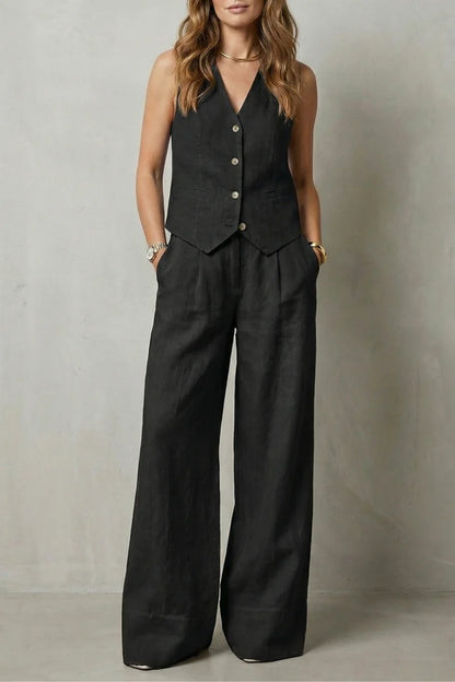 Traje chaleco ligero para mujer – top sin mangas con escote en V, chaleco con botones y pantalones rectos sueltos, lino, ropa casual