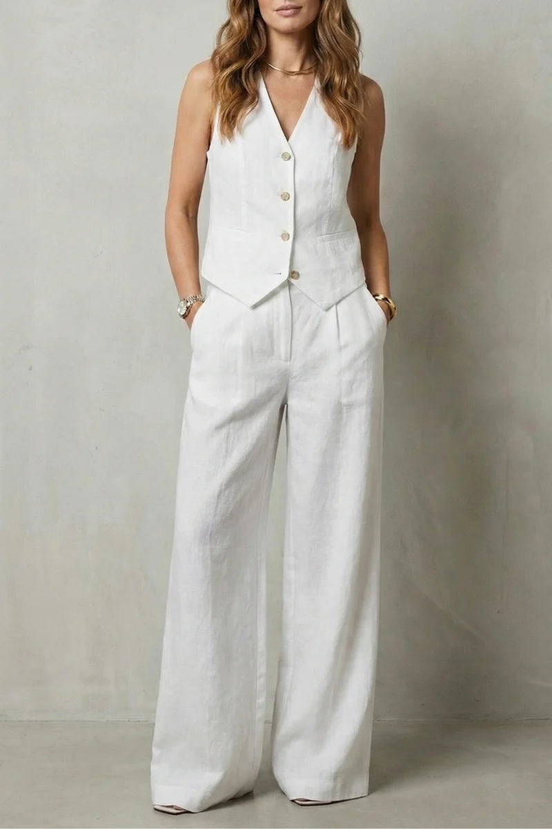 Traje chaleco ligero para mujer – top sin mangas con escote en V, chaleco con botones y pantalones rectos sueltos, lino, ropa casual