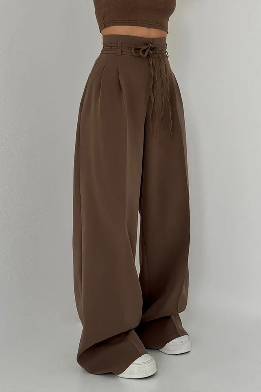 High-Waisted Wide Leg Trousers with Adjustable Belt in Beige, Soft Flowy Fabric, Loose Fit Palazzo Pants-1