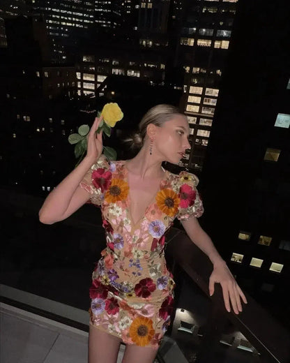 Floral Mini Dress for Women with Deep V-Neckline and Puff Sleeves, Perfect Summer Wedding Guest Dress in Multi-Color-2