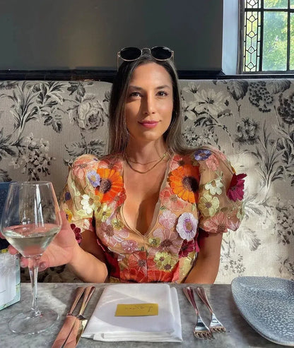 Floral Mini Dress for Women with Deep V-Neckline and Puff Sleeves, Perfect Summer Wedding Guest Dress in Multi-Color-5