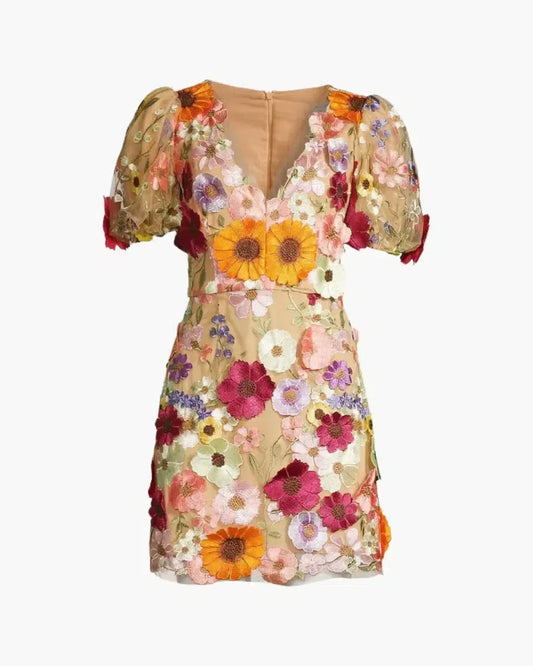 Floral Mini Dress for Women with Deep V-Neckline and Puff Sleeves, Perfect Summer Wedding Guest Dress in Multi-Color-1