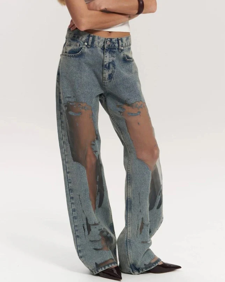High-Waisted Wide Leg Jeans for Women with Unique Mesh Patchwork Design, Vintage Wash Denim-2