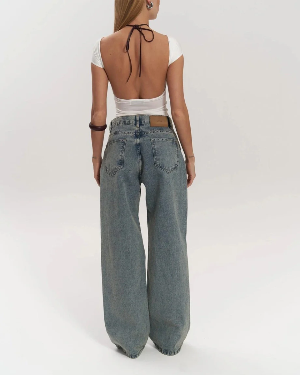 High-Waisted Wide Leg Jeans for Women with Unique Mesh Patchwork Design, Vintage Wash Denim-3