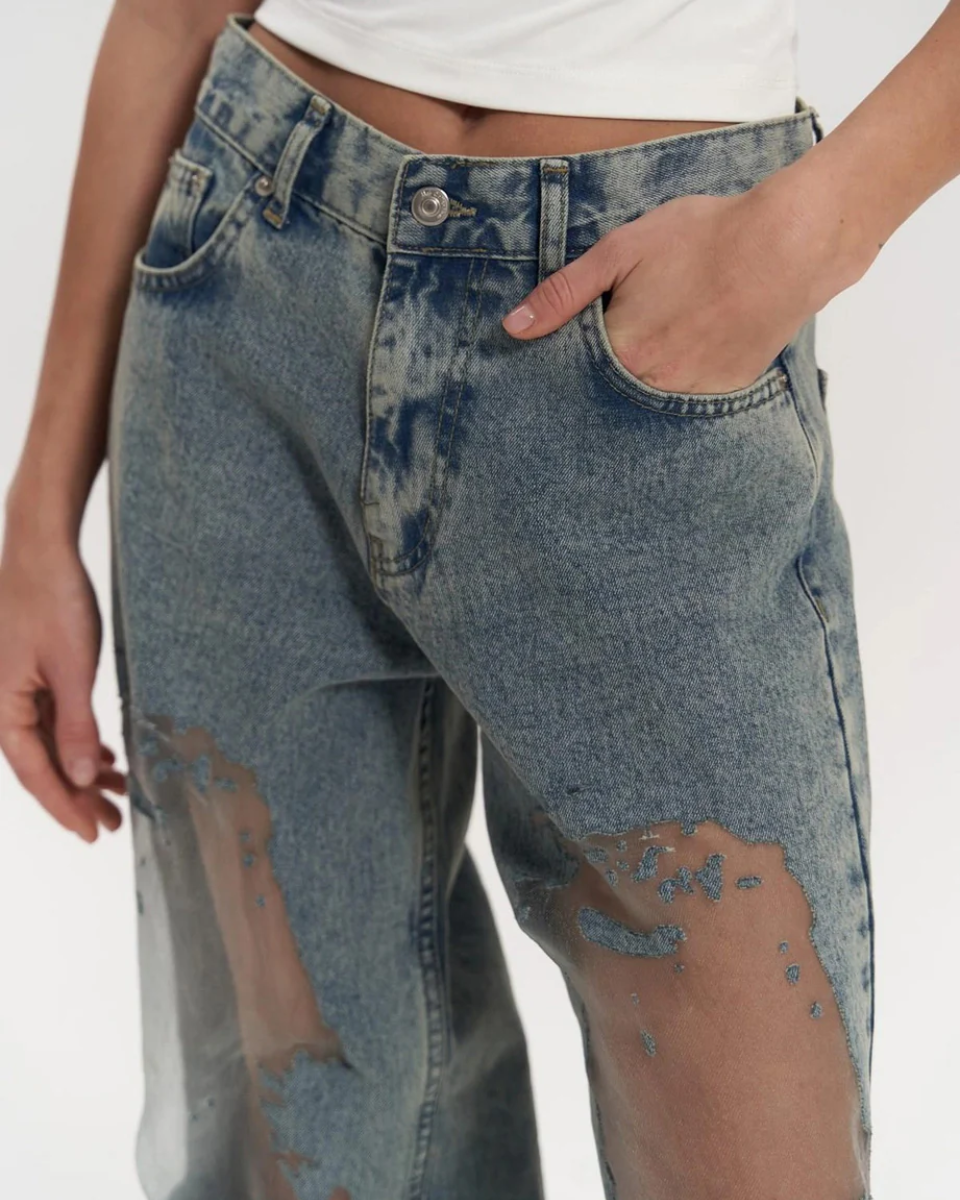 High-Waisted Wide Leg Jeans for Women with Unique Mesh Patchwork Design, Vintage Wash Denim-4