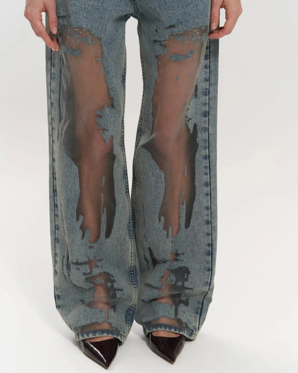 High-Waisted Wide Leg Jeans for Women with Unique Mesh Patchwork Design, Vintage Wash Denim-5