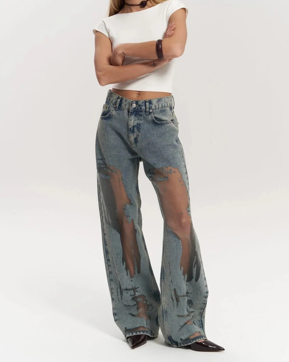 High-Waisted Wide Leg Jeans for Women with Unique Mesh Patchwork Design, Vintage Wash Denim-6