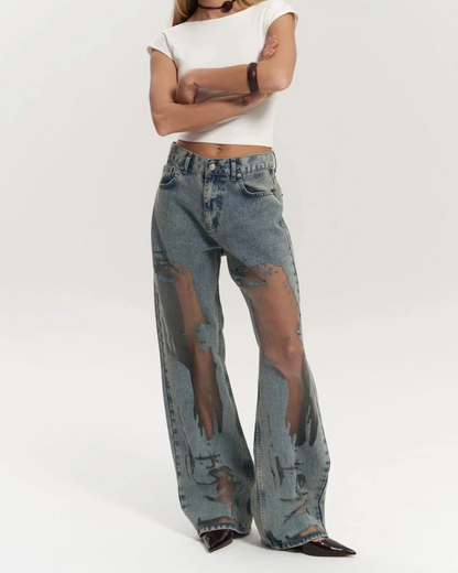 High-Waisted Wide Leg Jeans for Women with Unique Mesh Patchwork Design, Vintage Wash Denim-6