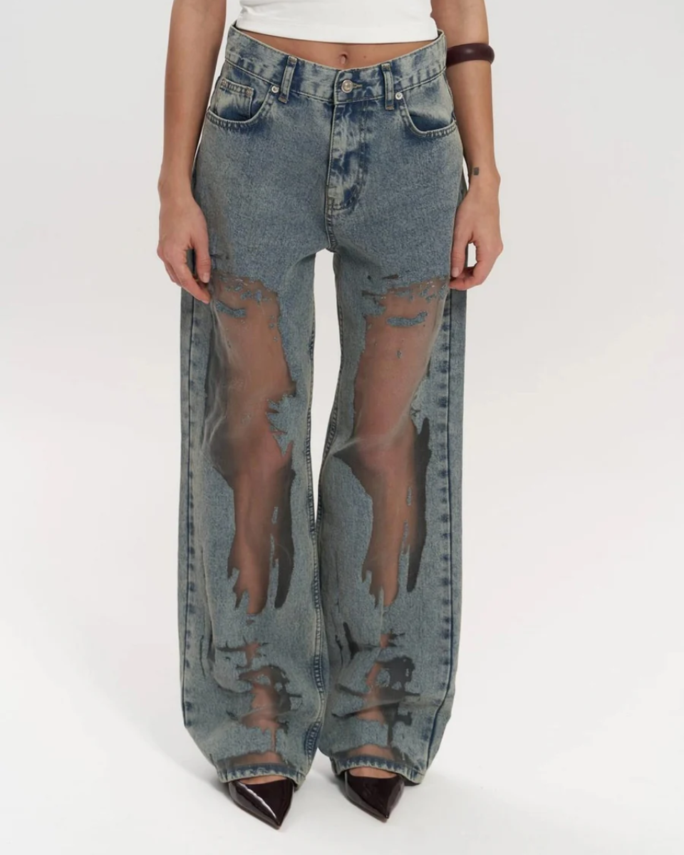 Variant image for High-Waisted Wide Leg Jeans for Women with Unique Mesh Patchwork Design, Vintage Wash Denim-1