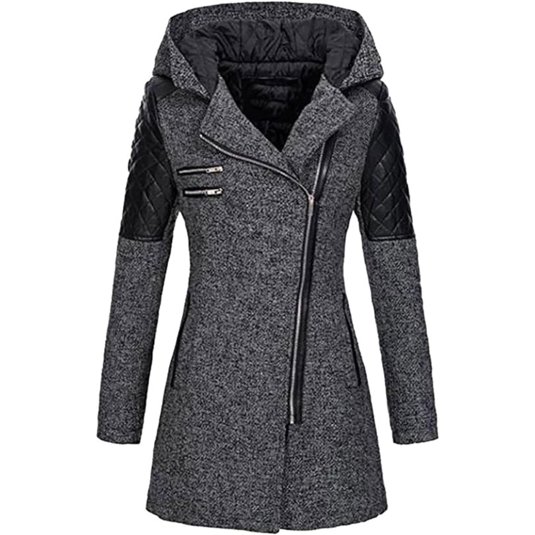 Warm Women's Winter Coat - Asymmetric Zip, Cotton Blend