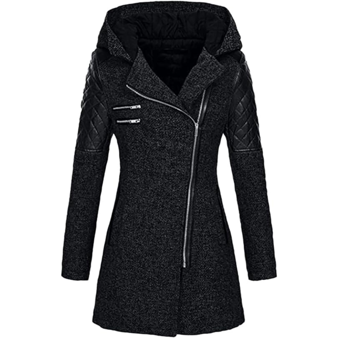 Warm Women's Winter Coat - Asymmetric Zip, Cotton Blend