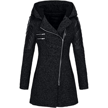 Warm Women's Winter Coat - Asymmetric Zip, Cotton Blend
