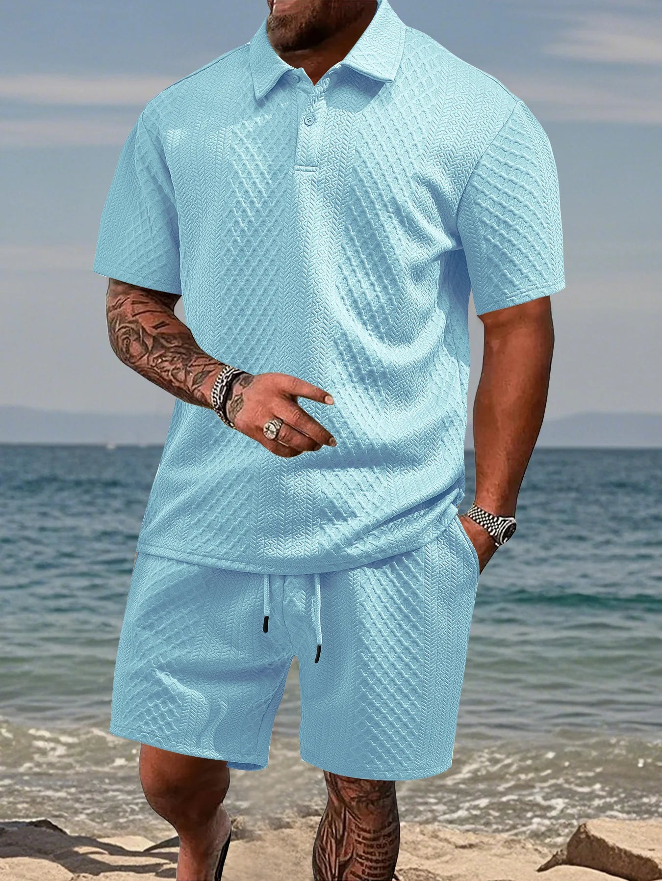 Mens Polo Shirt in Jacquard Fabric, Breathable Short-Sleeved Casual Shirt for Summer Wear 0