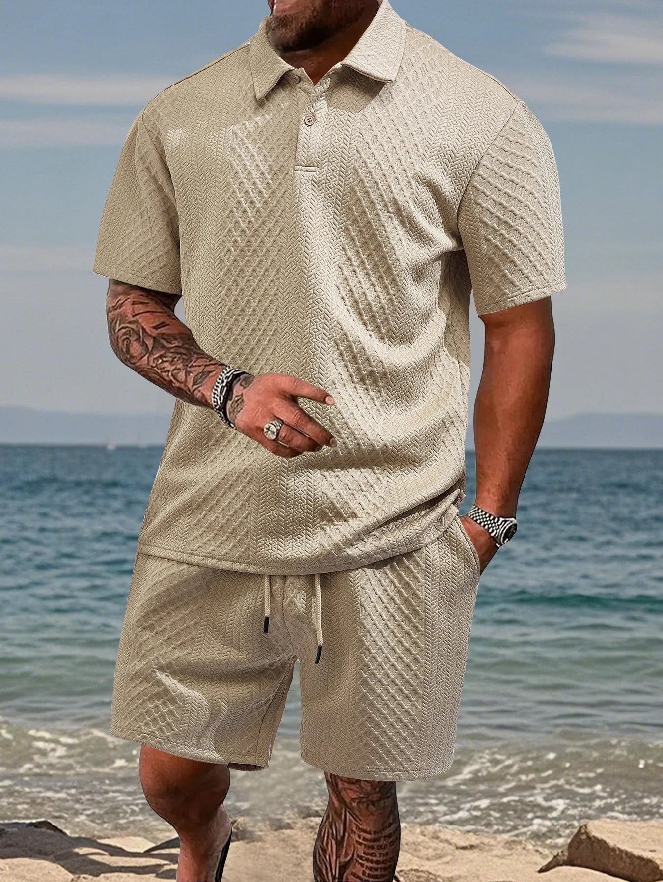 Mens Polo Shirt in Jacquard Fabric, Breathable Short-Sleeved Casual Shirt for Summer Wear 1