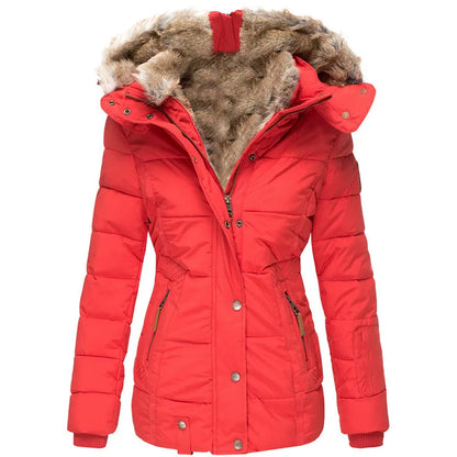 Warm Women’s Winter Coat - Quilted Midlength, Faux Fur Hood