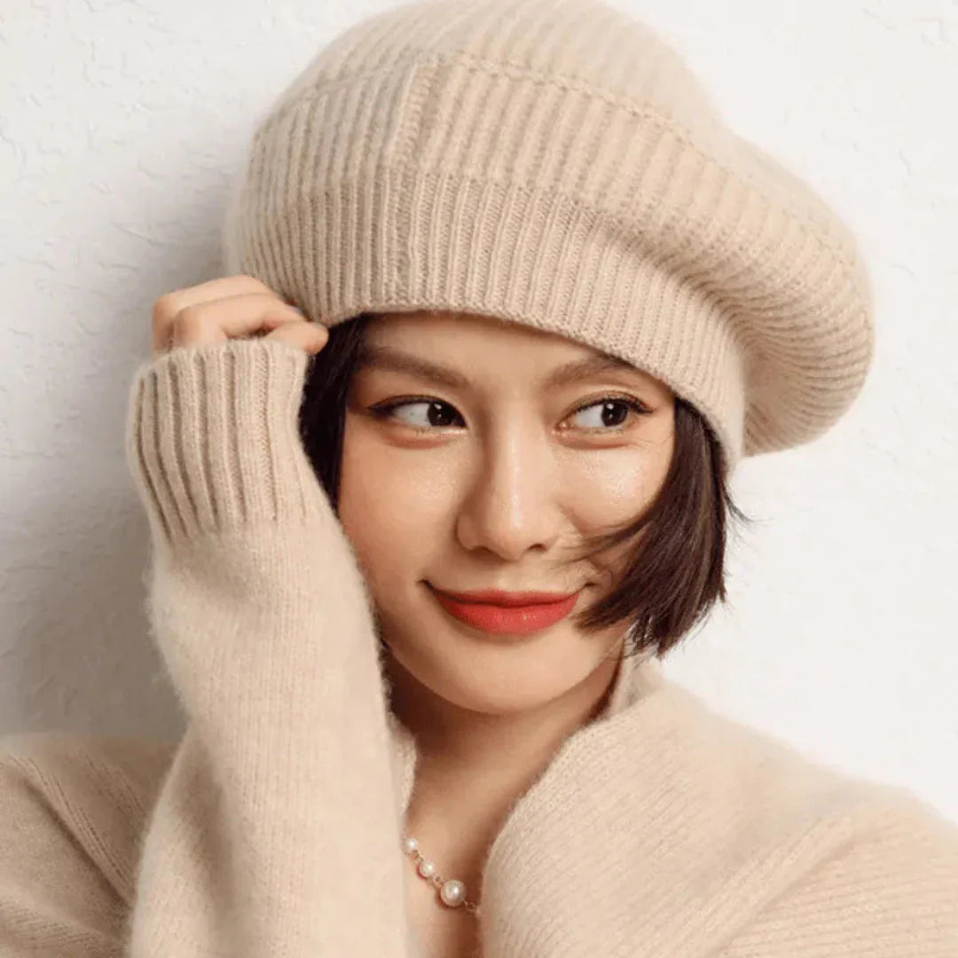 Soft Women’s Cashmere Beret – Ribbed Foldover Band, Winter