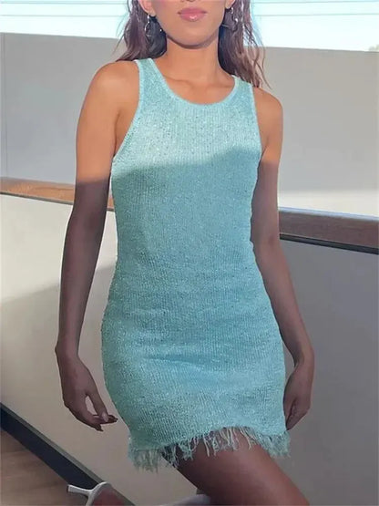 Shimmering Knit Mini Dress for Women, Sleeveless Fitted Party Dress with Fringe Hem, Available in Pink, Blue, Yellow-5